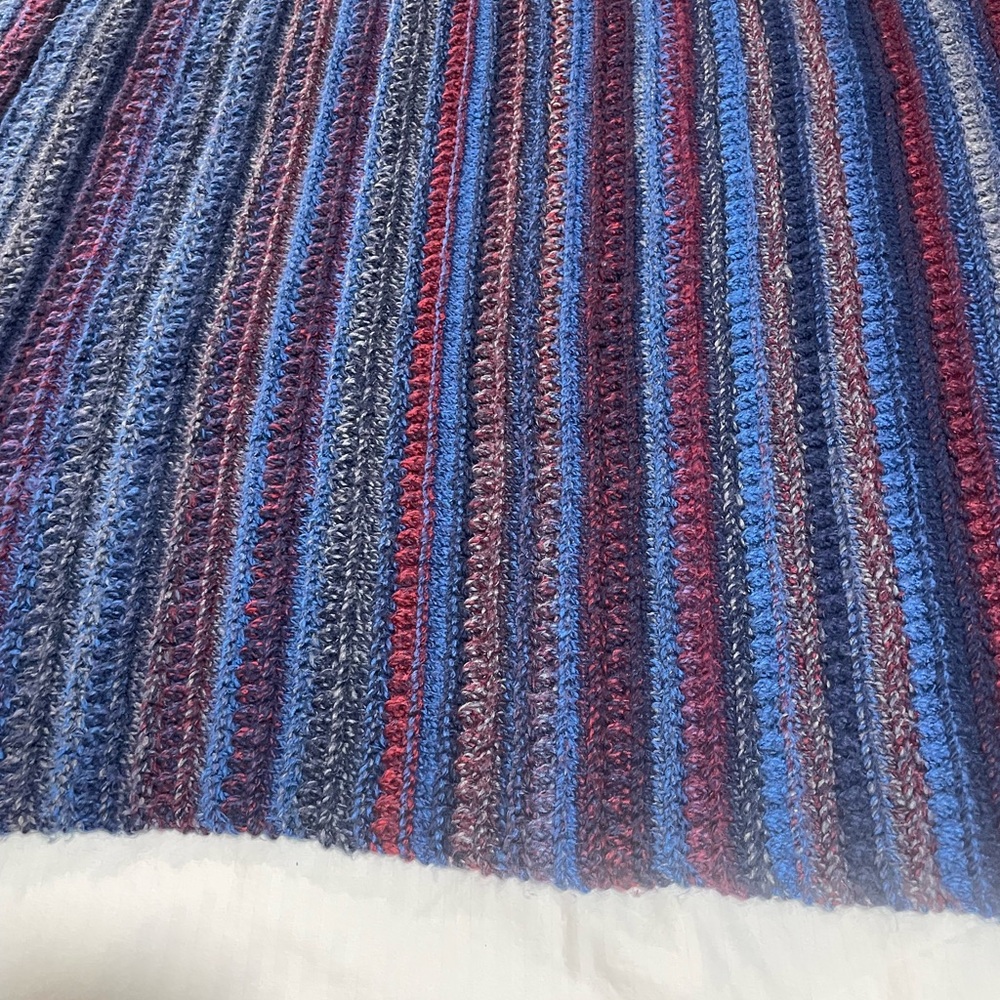 Hand Knitted by owner. Striped Knit Blanket in Blue and Red